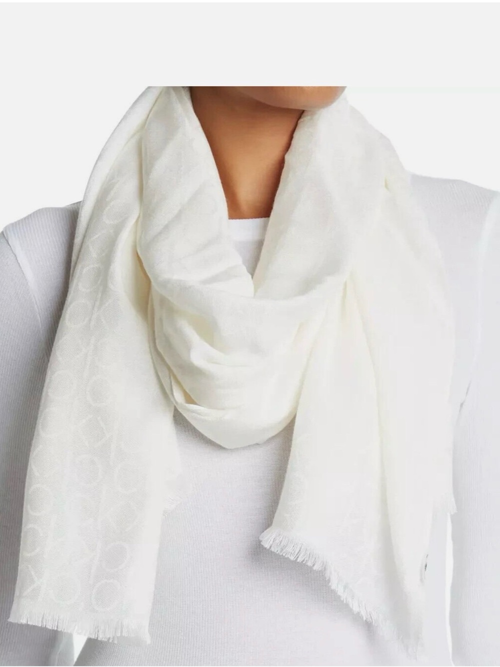 Lightweight Monogram CK Logo-print Pashmina Wrap Scarf in Eggshell